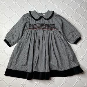 Vintage Petit Ami Black White Check Smocked Dress Peter Pan Collar Velvet Trim